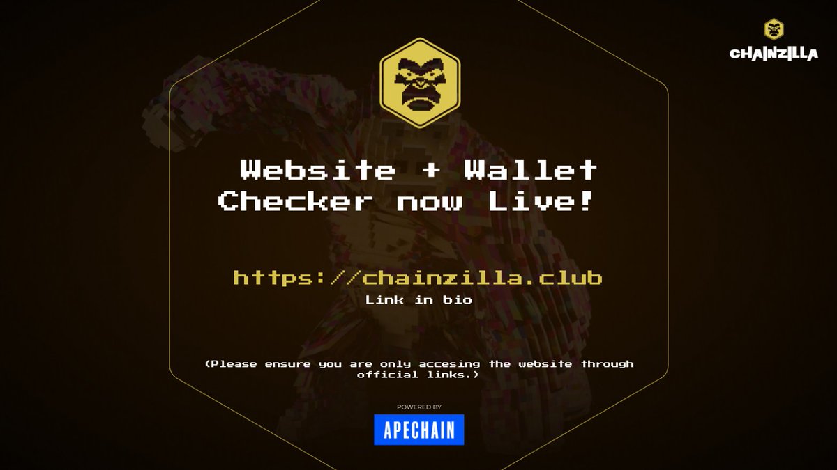 ChainZilla_'s tweet image. Website + Wallet Checker now live!

Navigate to "Wallet Checker" in the top right corner, paste your wallet and hit check to see if you are whitelisted!

You do not need to connect your wallet, please only use official links from our bio, our checker takes 24 hours to update.

🍌