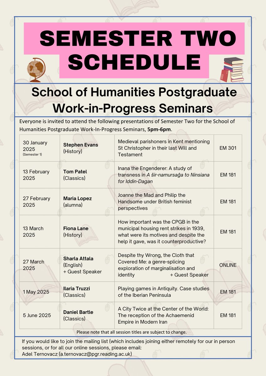 Amy Longmuir 🇪🇺 (@amyloulongmuir) on Twitter photo 📢Semester Two Schedule for the School of Humanities Postgraduate Work-in-Progress seminars is finally ready!
We have an amazing mix of History, Classics, and English talks this semester.
If you want to join the mailing list, please email Adel (a.ternovacz@pgr.reading.ac.uk) 📢Semester Two Schedule for the School of Humanities Postgraduate Work-in-Progress seminars is finally ready!
We have an amazing mix of History, Classics, and English talks this semester.
If you want to join the mailing list, please email Adel (a.ternovacz@pgr.reading.ac.uk)