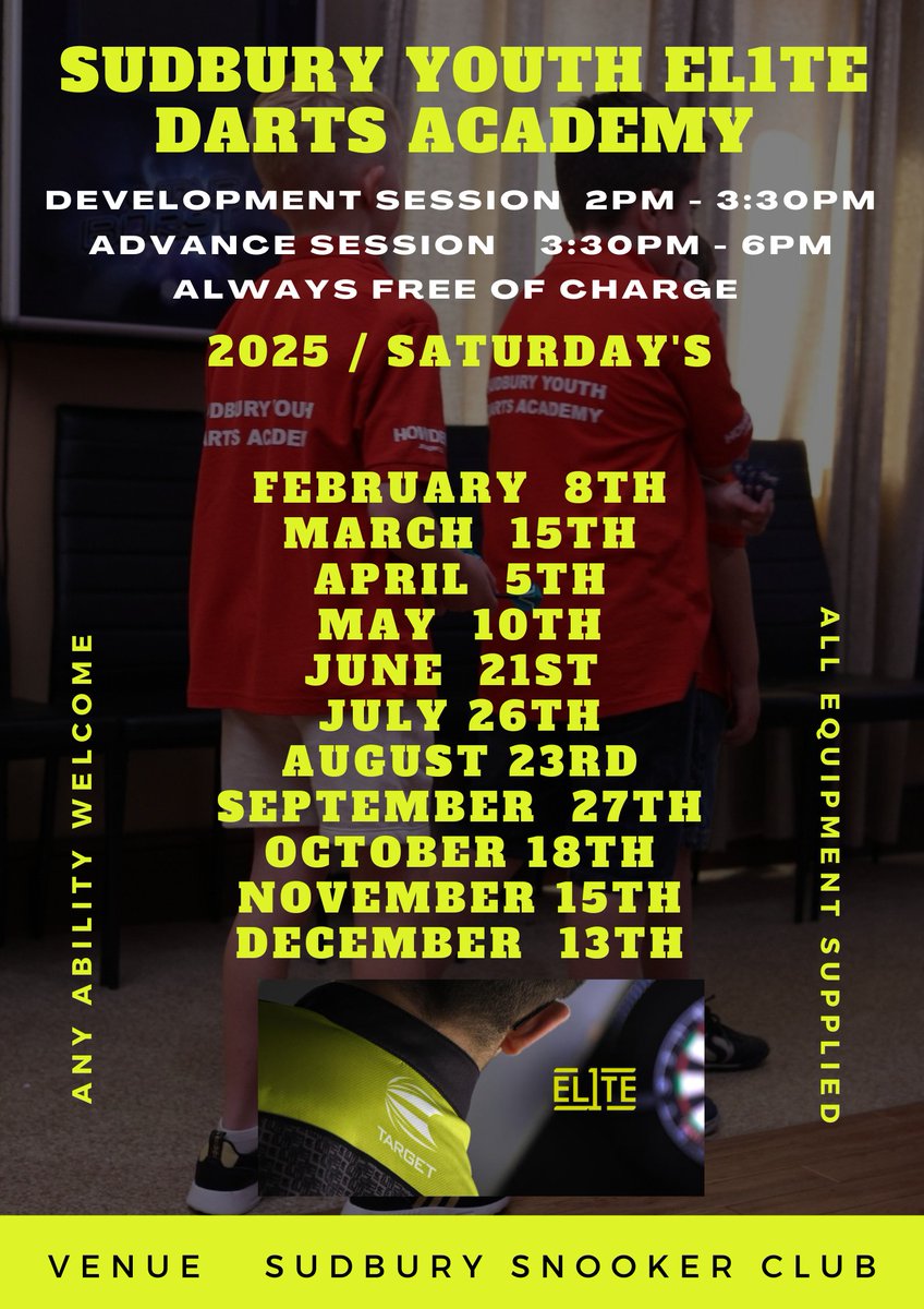 Sudbury Youth Elite1 Darts Academy (@youthsudbury) on Twitter photo New faces always welcome.
Schools please help spread the word.
All sessions free of charge.
<a href="/woodhallsudbury/">Woodhall Primary School</a> <a href="/PotKilnPrimary/">Pot Kiln Primary School</a> <a href="/StGregoryCEVCP/">St Gregory Primary</a> <a href="/StJosSudbury/">St Joseph's, Sudbury</a> <a href="/ActonPrimary/">Acton CEVC Primary</a> <a href="/WHPrimary/">WHPrimary</a> <a href="/TownOfSudbury/">Sudbury, Suffolk</a> <a href="/SudburyMercury/">Sudbury Mercury</a> <a href="/SFPSudbury/">Suffolk Free Press</a> <a href="/SuffolkDarts/">Suffolk Darts</a> <a href="/sudbury_hour/">@Sudbury_Hour</a> <a href="/TargetDarts/">Target Darts</a> New faces always welcome.
Schools please help spread the word.
All sessions free of charge.
<a href="/woodhallsudbury/">Woodhall Primary School</a> <a href="/PotKilnPrimary/">Pot Kiln Primary School</a> <a href="/StGregoryCEVCP/">St Gregory Primary</a> <a href="/StJosSudbury/">St Joseph's, Sudbury</a> <a href="/ActonPrimary/">Acton CEVC Primary</a> <a href="/WHPrimary/">WHPrimary</a> <a href="/TownOfSudbury/">Sudbury, Suffolk</a> <a href="/SudburyMercury/">Sudbury Mercury</a> <a href="/SFPSudbury/">Suffolk Free Press</a> <a href="/SuffolkDarts/">Suffolk Darts</a> <a href="/sudbury_hour/">@Sudbury_Hour</a> <a href="/TargetDarts/">Target Darts</a>