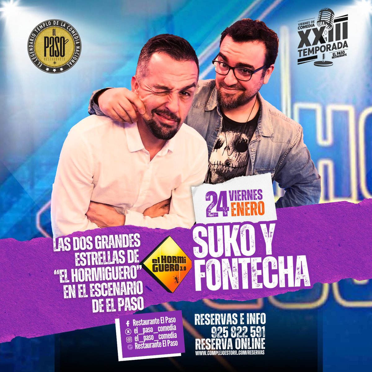 Los dos cracks del humor de <a href="/elhormiguero/">elhormiguero</a>, los geniales <a href="/sukomedy/">Sergio Gonzalez SUKO</a> y Dani Fontecha, este viernes en @#el_paso_comedia.
No te lo pierdas!!
Reservas e info al 925 822 591 o en
complejoestoril.com/eventos/suko-y…