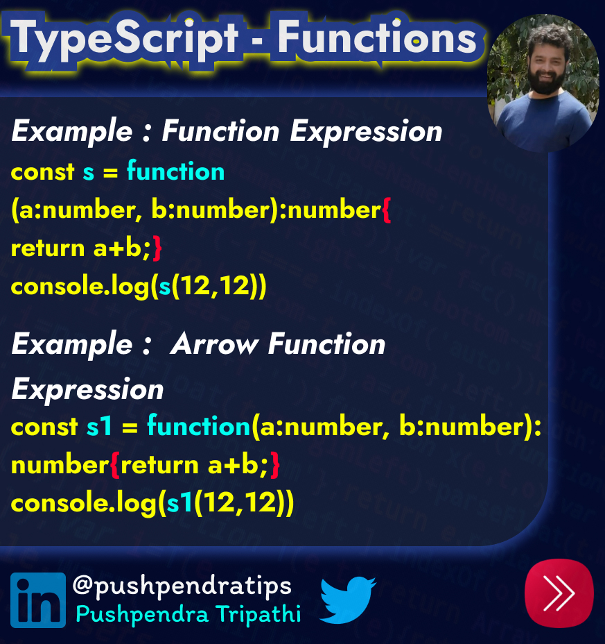 pushpendratips's tweet image. TypeScript Functions🚀
#TSFunctions
#TypeScriptCoding
#TypeScriptLearning
#TypeScriptTipsAndTricks
#FunctionsInTS
#TSDevelopment
#TypeScriptBasics
#TypeScriptForDevelopers
#AdvancedTypeScript
#TypeScriptExamples
#LearnTS #TSFunctionsTutorial