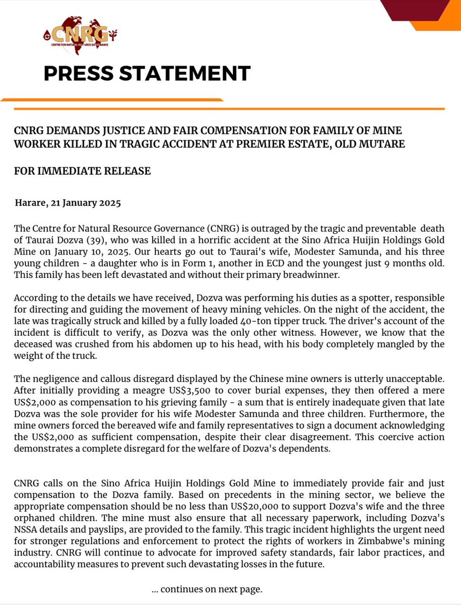 CNRG_ZIM's tweet photo. PRESSER ALERT

We're outraged by the tragic death of miner Taurai Dozva (39) killed in a horrific accident at Sino Africa Huijin Gold Mine on Jan 10, 2025.

Join us in demanding justice &amp; fair compensation. Let's stand together for workers' rights

#Justice4Taurai #WorkersRights https://t.co/HrGsZo6Qy5