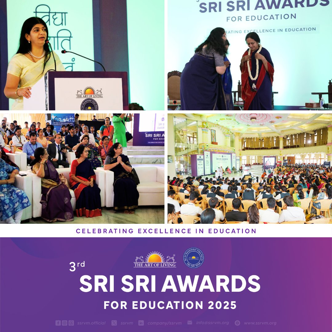 The 3rd edition of the Sri Sri Awards for Education 2025 commenced with great enthusiasm and splendor.

The opening address was delivered by Smt. Bhanumathi Narasimhan <a href="/Bhanujgd/">Bhanu Narasimhan</a> , Chairperson - Women and Child Welfare of The <a href="/ArtofLiving/">The Art of Living</a>, followed by Smt. Jaina Desai <a href="/jainajgd/">Jaina Desai</a>,