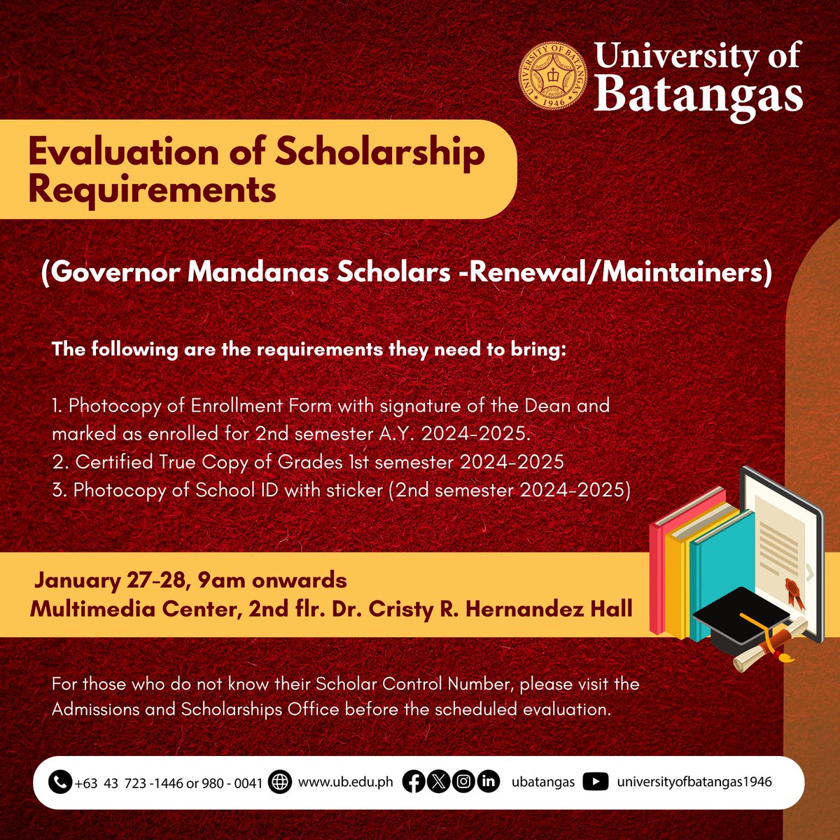 UBatangas's tweet photo. ANNOUNCEMENT! 📢
For Governor Mandanas Scholarship Evaluation. https://t.co/wIq8d2KGoy