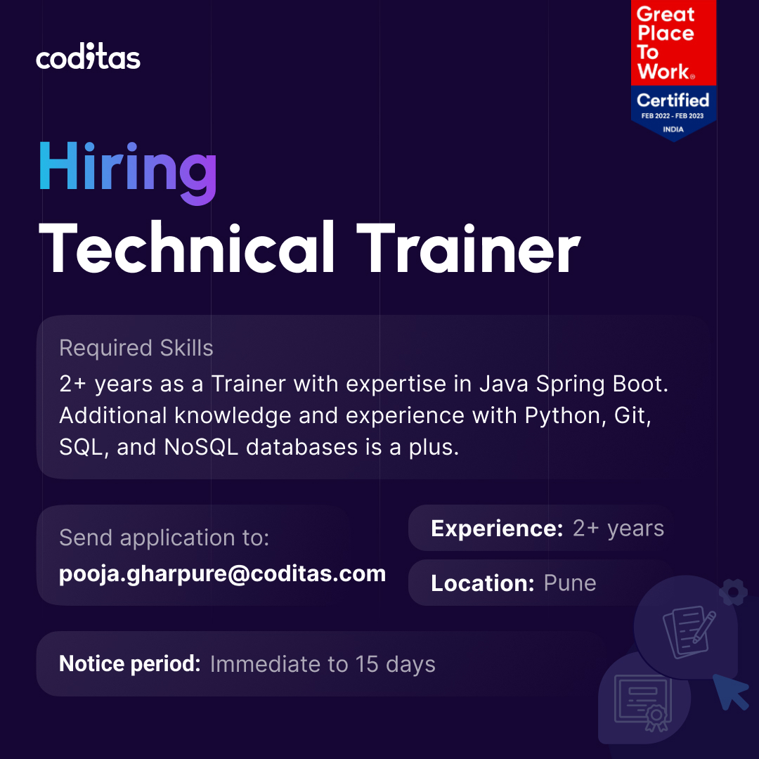 coditasHQ's tweet image. 🌟#HiringNow: Technical Trainer 🌟
Passionate about teaching & simplifying tech? We're seeking a Technical Trainer with expertise in #JavaSpringBoot, #Python, #Git & databases to deliver impactful training & foster growth.
🔗Apply here: bit.ly/3WqJcFm
#CoditasCareers