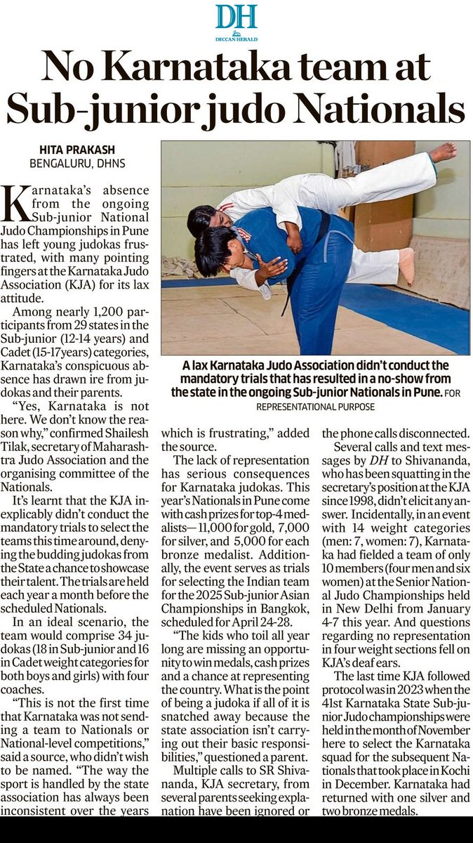Hita Prakash (@hitaprakash) on Twitter photo Karnataka Judo Association not conducting trails to select a team resulted in the state's young judokas missing an opportunity to win medals, cash prize & a chance at representing the country.
shorturl.at/7bL7H
<a href="/DeccanHerald/">Deccan Herald</a> #Judo Karnataka Judo Association not conducting trails to select a team resulted in the state's young judokas missing an opportunity to win medals, cash prize & a chance at representing the country.
shorturl.at/7bL7H
<a href="/DeccanHerald/">Deccan Herald</a> #Judo
