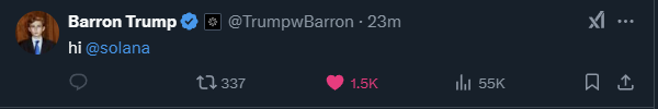JUST IN: 🇺🇸 President Donald Trump's son Barron tweets "hi <a href="/solana/">Solana</a>"