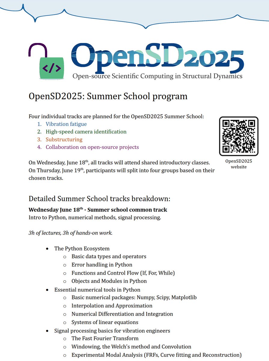 jankoslavic's tweet photo. #OpenSD2025: Open-source Scientific Computing in Structural Dynamics #Conference and #Summer_School will have strong summer school program. The first day will have the focus on Python scientific stack / tools.

Program for the first day in the attached figure. https://t.co/3SnQQal2fH
