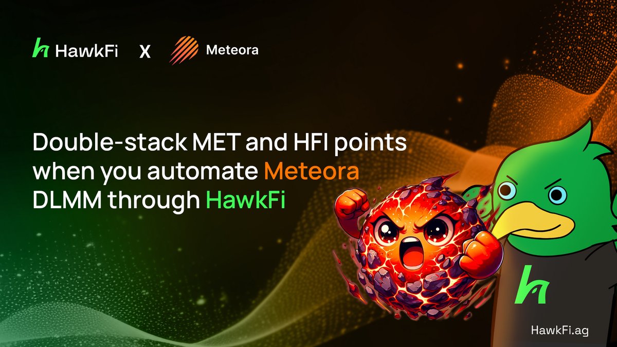 Earn dual incentives by automating <a href="/MeteoraAG/">Meteora</a> DLMM through HawkFi

Start double-stacking MET and HFI points while earning yield on HawkFi.ag!