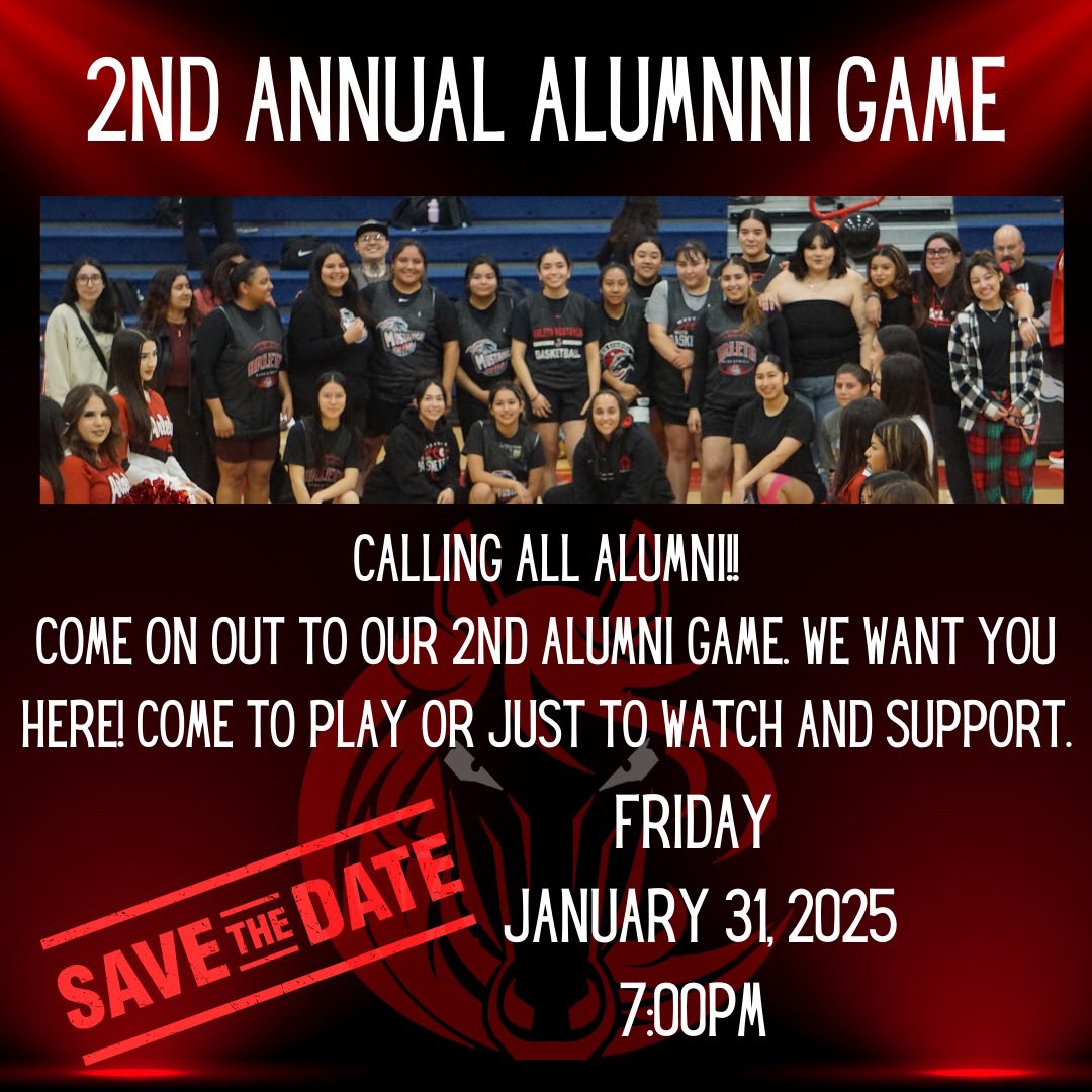 Calling all Alumni!! Save the date. Come on out next Friday, January 31, 2025 to our 2nd Annual Alumni game. Last year was awesome, let’s make this year even better. Come play or just support and watch… we want you here. Alumni game is at 7PM following FS and JV vs Burroughs.