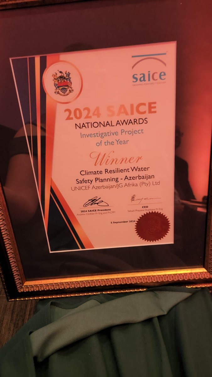 JG Afrika won the Investigative Project of the Year award for our Climate Resilient Water Safety Planning project in Azerbaijan at the 2024 SANRAL SAICE National Awards #WaterSafety #GlobalHealth #watersafetyplan linkedin.com/posts/jg-afrik…