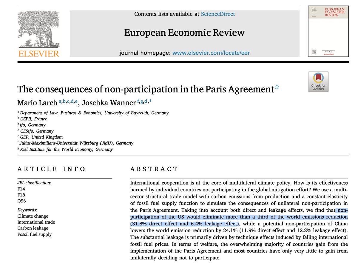The US leaving the Paris climate agreement "would eliminate more than a third of the world emissions reduction (31.8% direct effect and 6.4% leakage effect)... substantial leakage is primarily driven by technique effects induced by falling international fossil fuel prices"