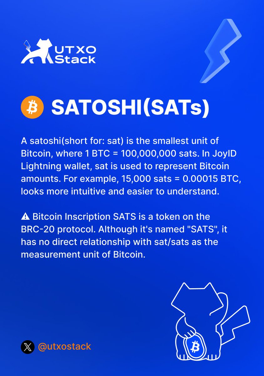 🔍 What is sat? A satoshi (sat) is the smallest unit of Bitcoin. ☑️ 1 BTC =  100,000,000 sats ✍️Example: In JoyID Lightning wallet, 15,000 sats =  0.00015 BTC. See, using sats