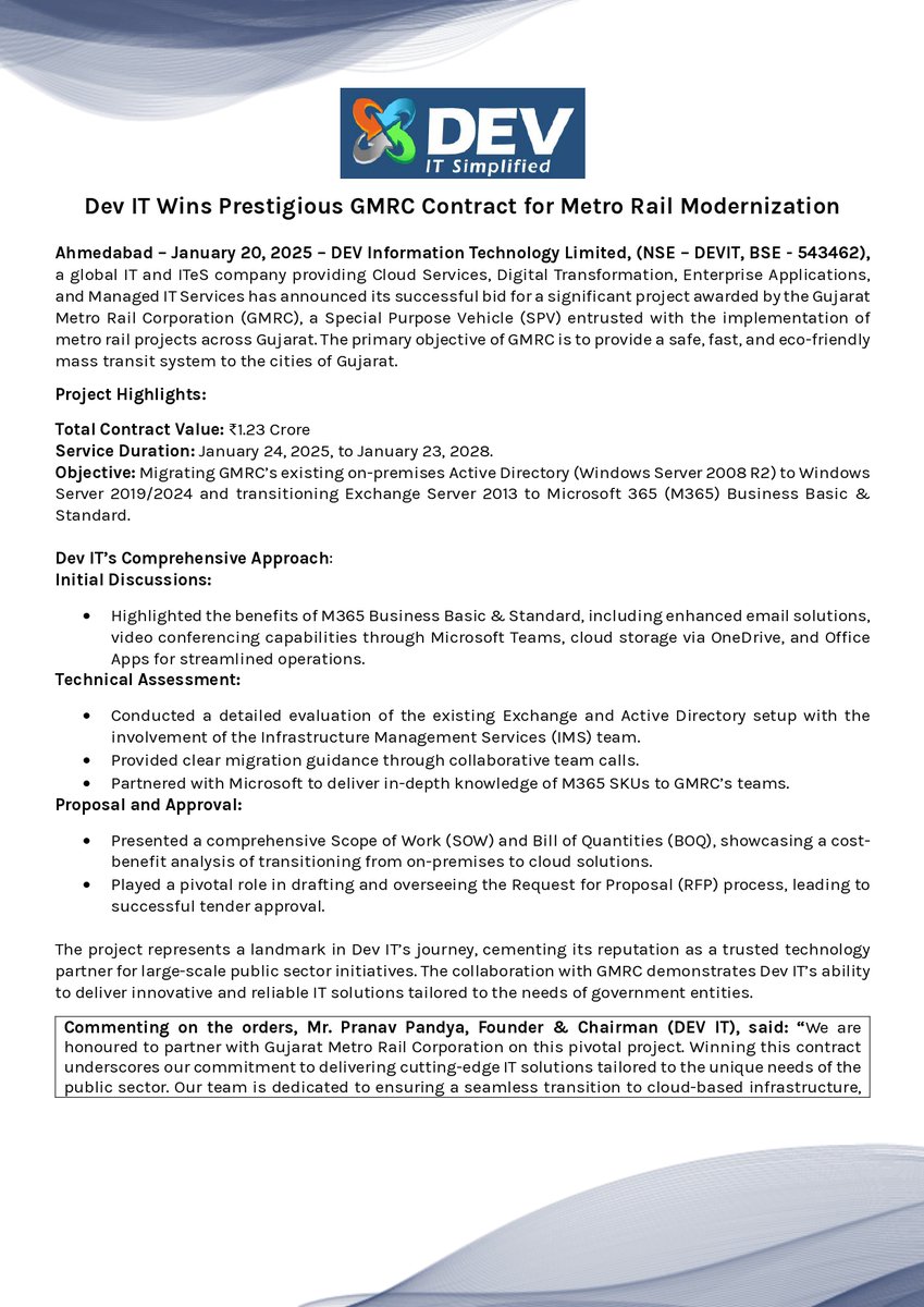 VIDITGUPTA's tweet image. Dev Information Technology Ltd : Wins Prestigious Gujarat Metro Rail Corporation (GMRC) Contract for Metro Rail Modernization

#DEVIT