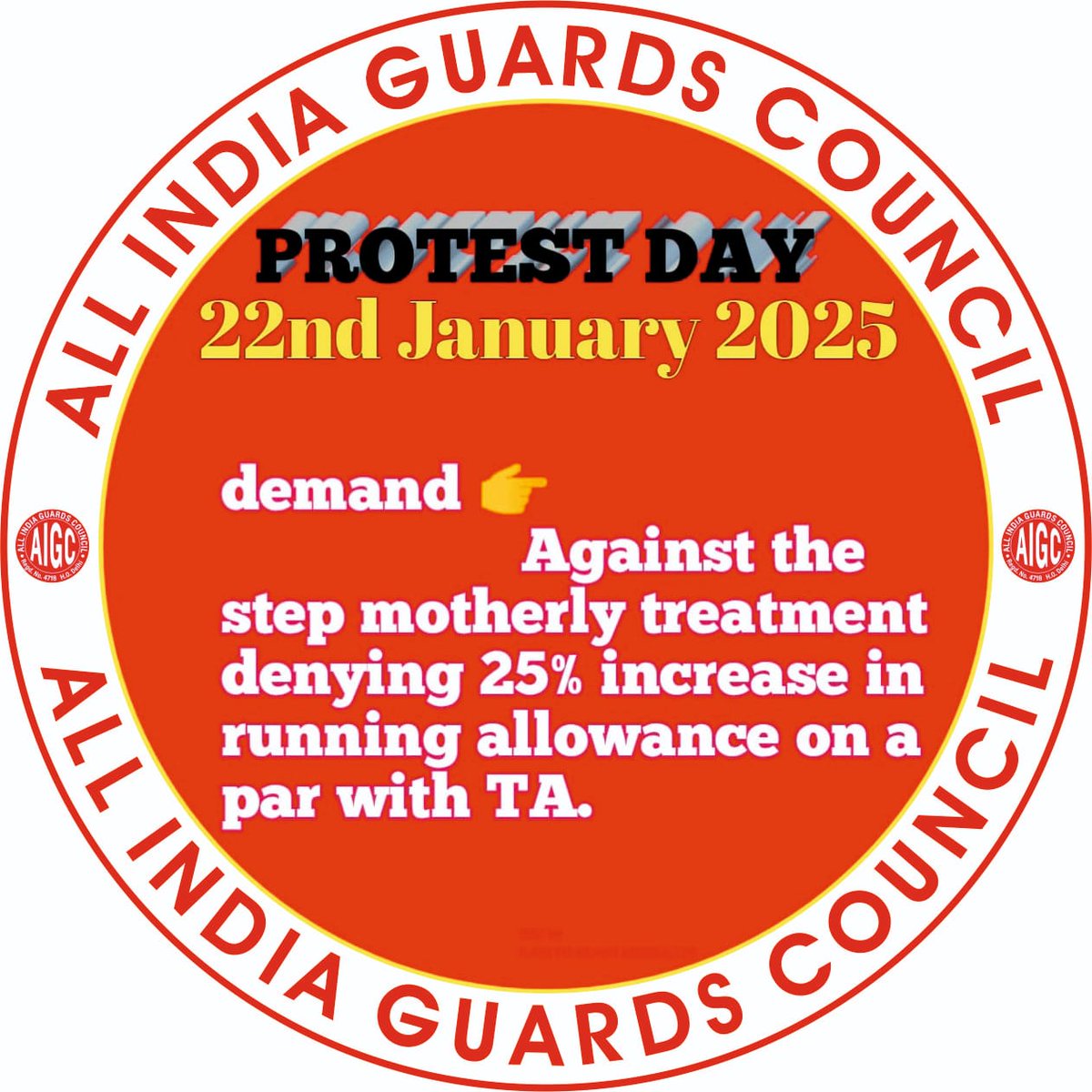 ऑल इंडिया गार्ड्स कौंसिल
-------------------------
 दिनांक 22/01/25 को होने वाले धरना-प्रदर्शन के लिए जरूरी बातें --
1) सभी ट्रेन मैनेजर कम से कम 5 से 10 ट्रेन मैनेजर साथियों को फोन करके धरने में शामिल होने के लिए अनुरोध करें।