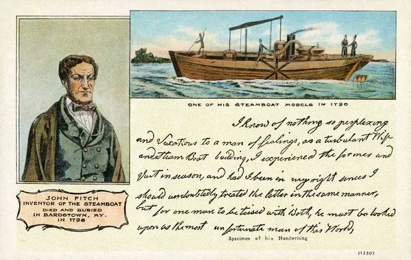 mariobianchi18's tweet photo. Il #21gennaio 1743 nasceva #JohnFitch. Noto per aver costruito il primo battello a vapore registrato negli Usa. Progettò un battello a vapore che, costruito nel 1788 risalì il Delaware da Filadelfia a Burlington a 10 km all'ora. Poi fu battello a vapore con propulsione a elica. https://t.co/g8Tu0U5UCI