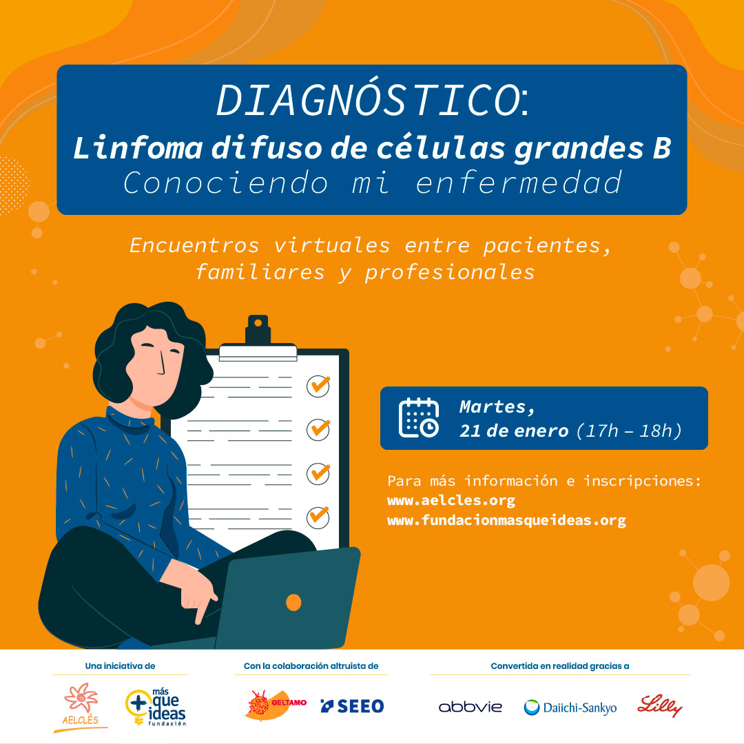 Fundación MÁS QUE IDEAS (@fundacionmqi) on Twitter photo LINFOMA DIFUSO DE CÉLULAS GRANDES B
🗓️Hoy a las 17h, con la participación de:
🟠<a href="/DrAMuntanola/">Ana Muntañola</a>: hematóloga (<a href="/geltamo/">GELTAMO</a>)
🟠<a href="/iriagoal/">iriagoal</a>: enfermera (<a href="/_SEEO_/">Enfermería Oncológica</a>)
🟠<a href="/soniapinaalonso/">Sonia Pina</a>: paciente (<a href="/aelcles/">AELCLES</a>)
🟠<a href="/EstefaniaRom91/">Estefanía Romero</a>: psicooncóloga (<a href="/aelcles/">AELCLES</a>)
Inscripción: fundacionmasqueideas.org/portfolio/diag… LINFOMA DIFUSO DE CÉLULAS GRANDES B
🗓️Hoy a las 17h, con la participación de:
🟠<a href="/DrAMuntanola/">Ana Muntañola</a>: hematóloga (<a href="/geltamo/">GELTAMO</a>)
🟠<a href="/iriagoal/">iriagoal</a>: enfermera (<a href="/_SEEO_/">Enfermería Oncológica</a>)
🟠<a href="/soniapinaalonso/">Sonia Pina</a>: paciente (<a href="/aelcles/">AELCLES</a>)
🟠<a href="/EstefaniaRom91/">Estefanía Romero</a>: psicooncóloga (<a href="/aelcles/">AELCLES</a>)
Inscripción: fundacionmasqueideas.org/portfolio/diag…