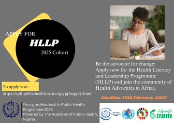Waaph_Advocate's tweet photo. Be the advocate for change: Apply now for the Health Literacy and Leadership Programme(HLLP) and join the community of health advocates in Africa. To apply visit: https://t.co/rwzpi74ATH #APH25 #YPPH25 #VIP25 #HLLP25 #DEAL25
@Waaph_Advocate
@WHONigeria
@Fmohnigeria
@ohanyidof https://t.co/BLPBiI2NSQ