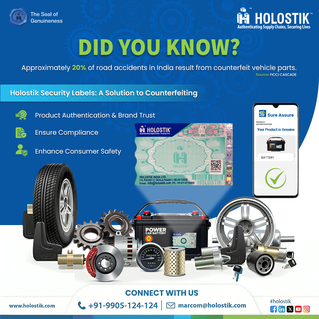 holostik's tweet image. Don't risk lives with fake auto parts. Protect your brand &amp;amp; customers with Holostik Security Labels. Instant verification, complete security.

Contact: 📞 9905-124-124 | ✉ marcom@holostik.com | 🌐 holostik.com

#SecurityLabels #GenuineParts #RoadSafety