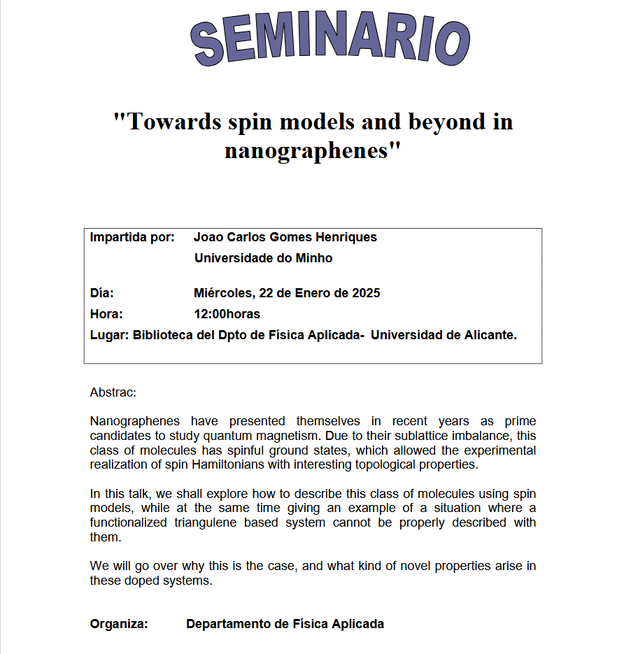 📢 22/01/2025, 12:00h: Seminario: "Towards spin models and beyond in nanographenes", Joao Carlos Gomes Henriques (Universidade do Minho). Biblioteca del Dpto. de Física Aplicada.
#SeminarioFísicaAplicada