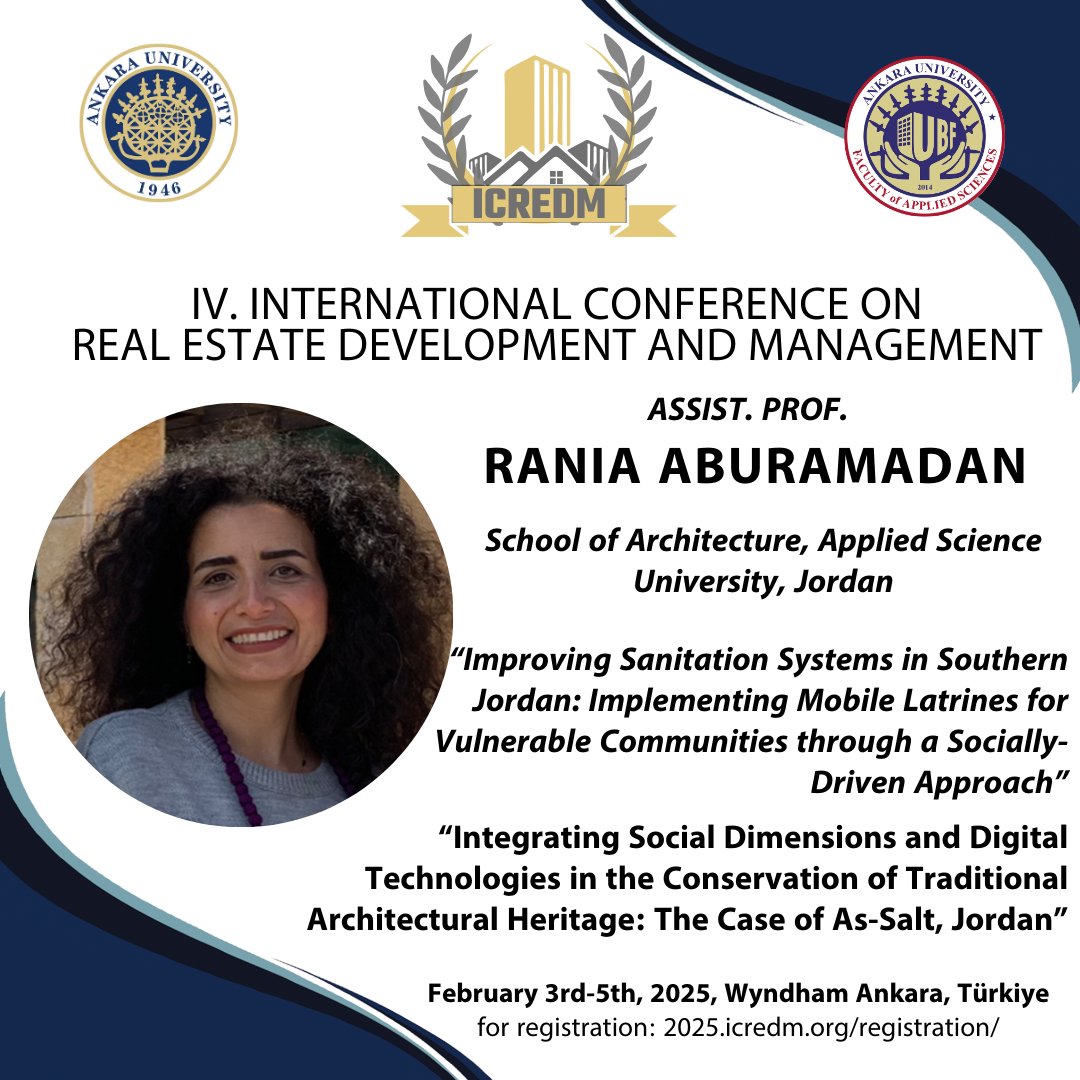 Ms. Rania ABURAMADAN will attend the ICREDM 2025-4th International Conference on Real Estate Development and Management as a presenter.

Sayın Rania ABURAMADAN, ICREDM 2025-4. Uluslararası Gayrimenkul Geliştirme ve Yönetimi Konferansı'na konuşmacı olarak katılacaktır.
<a href="/AnkaraUni/">Ankara Üniversitesi</a>