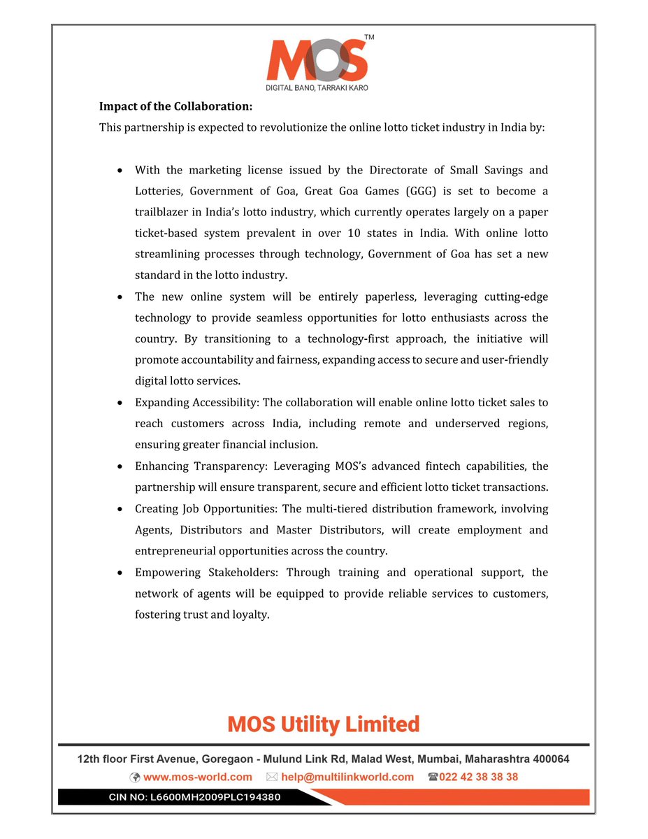sachprat07's tweet image. #SME #MOS 
MOS Utility

👉Subsidiary of MOS partners with Spacemantra Solutions (Rhiti Sports Group) to sell online lotto tickets across India, leveraging MOS’s distribution network

👉Online lotto marketing is now licensed by Govt of Goa from earlier paper ticket-based system