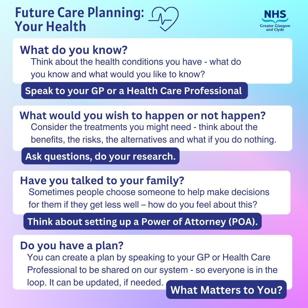 NHSGGC - Planning Your Care (@nhsggc_fcp) on Twitter photo Understanding your preferences for future health care and treatment is important to us #StartTheConversation.
You can find out more about Future Care Planning ๐ buff.ly/49JsAhj
<a href="/EastDunHSCP/">East Dun HSCP</a> <a href="/GCHSCP/">Glasgow City HSCP</a> <a href="/WDCouncil/">West Dunbartonshire Council</a> <a href="/RenHSCP/">Renfrewshire Health and Social Care Partnership</a> <a href="/InverclydeHSCP/">Inverclyde HSCP</a> <a href="/erhscp/">East Renfrewshire Health & Social Care Partnership</a> <a href="/nhsggc/">NHS Greater Glasgow and Clyde</a> <a href="/NHSGGCCarers/">NHSGGC Carers</a> Understanding your preferences for future health care and treatment is important to us #StartTheConversation.
You can find out more about Future Care Planning ๐ buff.ly/49JsAhj
<a href="/EastDunHSCP/">East Dun HSCP</a> <a href="/GCHSCP/">Glasgow City HSCP</a> <a href="/WDCouncil/">West Dunbartonshire Council</a> <a href="/RenHSCP/">Renfrewshire Health and Social Care Partnership</a> <a href="/InverclydeHSCP/">Inverclyde HSCP</a> <a href="/erhscp/">East Renfrewshire Health & Social Care Partnership</a> <a href="/nhsggc/">NHS Greater Glasgow and Clyde</a> <a href="/NHSGGCCarers/">NHSGGC Carers</a>