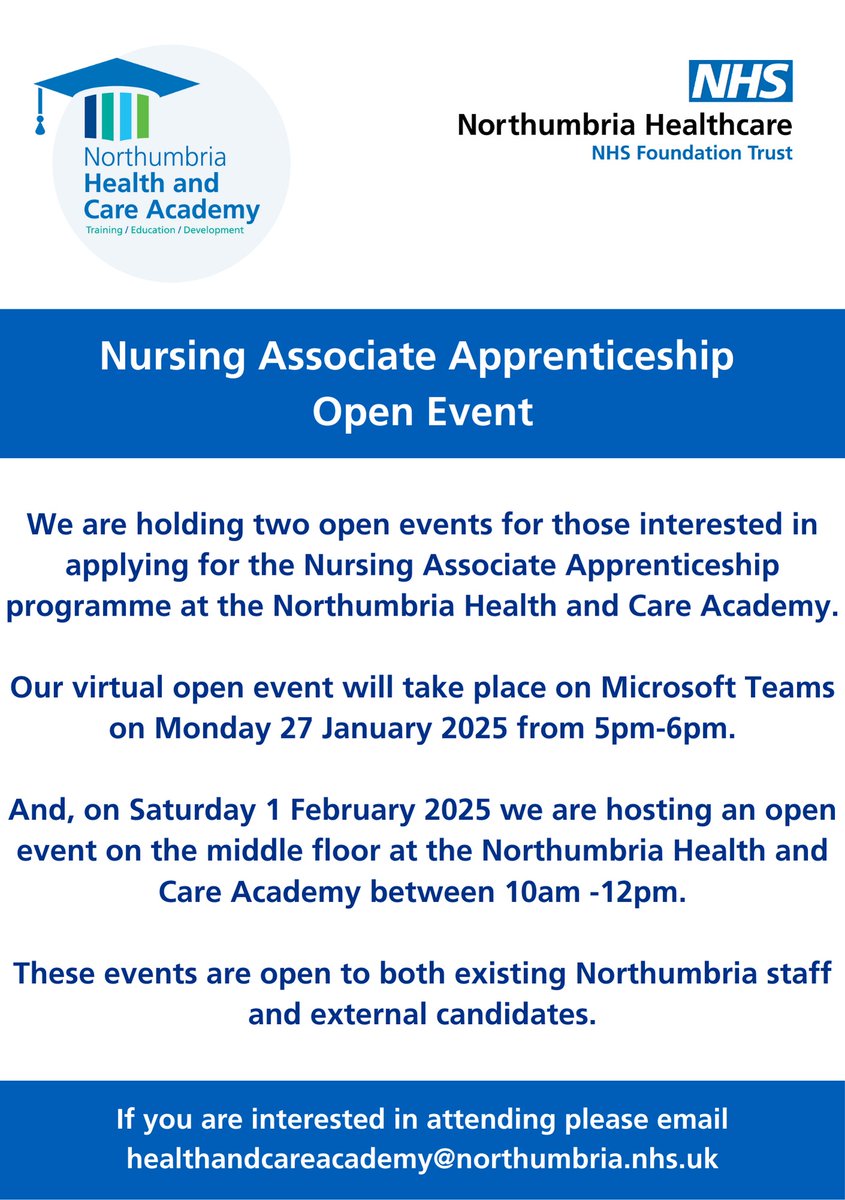 NorthumbriaNHS (@northumbrianhs) on Twitter photo Join us for two open events about the Nursing Associate Apprenticeship at the Northumbria Health & Care Academy.
Virtual event: Mon 27 Jan, 5-6pm on Teams. In-person: Sat 1 Feb, 10am-12pm at the Health & Care Academy.
To register, email healthandcareacademy@northumbria.nhs.uk Join us for two open events about the Nursing Associate Apprenticeship at the Northumbria Health & Care Academy.
Virtual event: Mon 27 Jan, 5-6pm on Teams. In-person: Sat 1 Feb, 10am-12pm at the Health & Care Academy.
To register, email healthandcareacademy@northumbria.nhs.uk