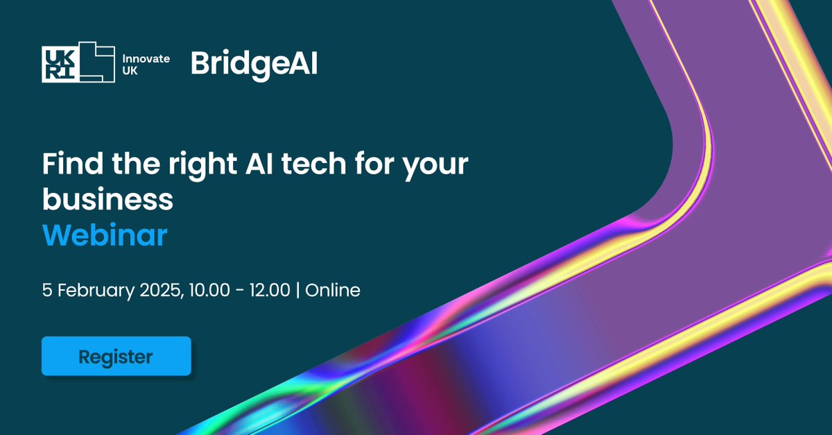 Innovate UK Business Connect (@iuk_connect) on Twitter photo Looking to transform your business with AI?
Join this <a href="/innovateuk/">Innovate UK</a> #BridgeAI webinar to find the right #AI tech for your unique business needs. Gain sector-specific insights & examples of AI integration.
Register now: ow.ly/wky850UJpGK Looking to transform your business with AI?
Join this <a href="/innovateuk/">Innovate UK</a> #BridgeAI webinar to find the right #AI tech for your unique business needs. Gain sector-specific insights & examples of AI integration.
Register now: ow.ly/wky850UJpGK