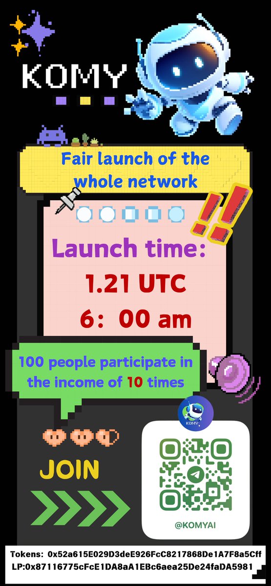 BuddyLuminous's tweet image. $KOMY Fair Launch | Jan 21, 6 AM UTC
Contract: 0x52a615E029D3deE926FcC8217868De1A7F8a5Cff I’ve already made 3x gains—still early!
Just $10 BNB to aim for 10x returns!
Website: komyai.digital
Don’t miss out—join now!
#KOMY $AIB #10xReturns $WLFI