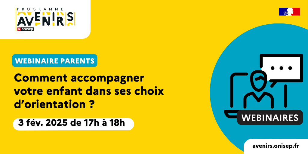 #Parents ➡️Pour découvrir comment aider son enfant à construire son parcours d'#orientation tout en gardant une relation de confiance, l'Onisep propose aux #parents 📅 le Lundi 3 FEVRIER 🕔de 17h à 18h un webinaire dédié 💻Inscription 👉ow.ly/eowY50UJEzL
#collège #lycée