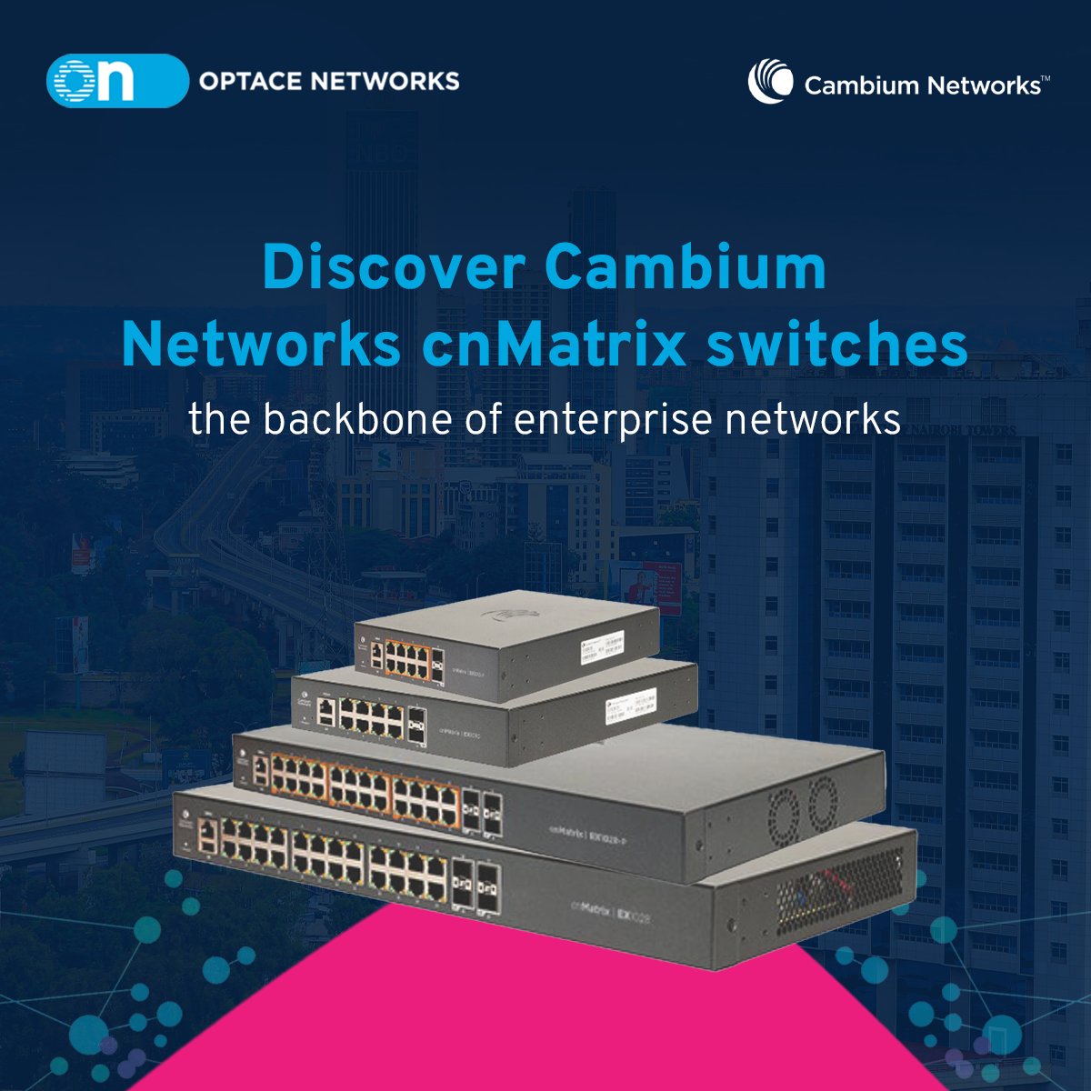 OptaceNetworks's tweet photo. Enterprise network switches must do more than connect devices—they must enable business agility, ensure robust security, and simplify operations. Learn more on how you can achieve this with Cambium Networks cnMatrix.
Learn more: https://t.co/O7j2BdTc2d 
#OptaceNetworks https://t.co/UGaULTFw9X