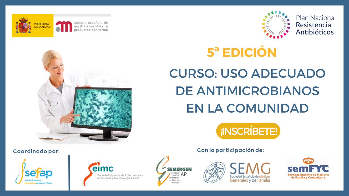 🔵 5ª edición del curso "Uso Adecuado de Antimicrobianos en la Comunidad" de <a href="/Sefap_FAP/">SEFAP</a> 

🧮 200 plazas 
💻 Online
🆓 Matrícula gratuita
📢 ¡Últimos días para inscribirse! ➡️ bit.ly/3PDFK6E

ℹ️ bit.ly/4jhd5Ss

#ResistenciaAntibióticos #AMR
