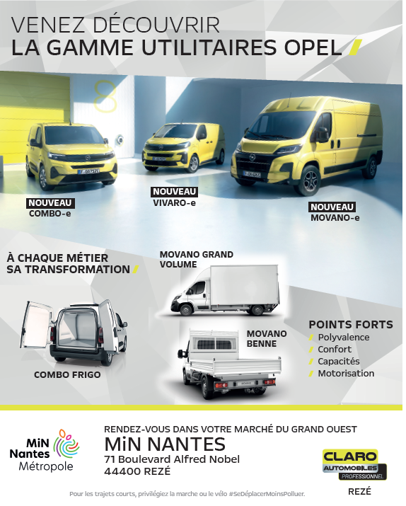 Jeudi 23 janvier, découvrez l'exposition Opel au MiN de Nantes ! 🚘

Explorez la gamme de véhicules utilitaires Opel (standards et transformés : frigo, grand volume…) et échangez avec les conseillers.

🕓 4h30-16h
📍 Entrée grande halle fruits et légumes