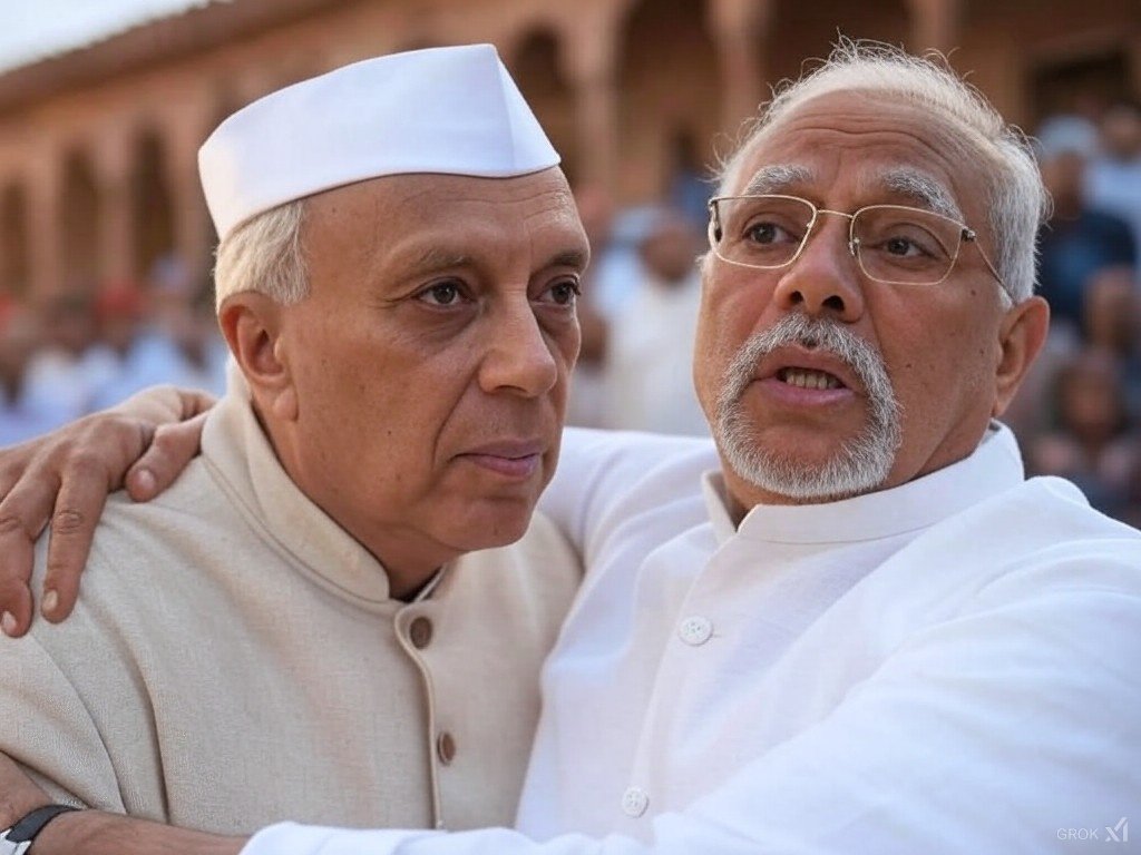 Exploited_ai's tweet image. Pt. Jawahar Lal Nehru ji consoling Modi ji for Trump&apos;s non invite. In grief modiji changed his beard style. #Nedi of Nehru and Modi