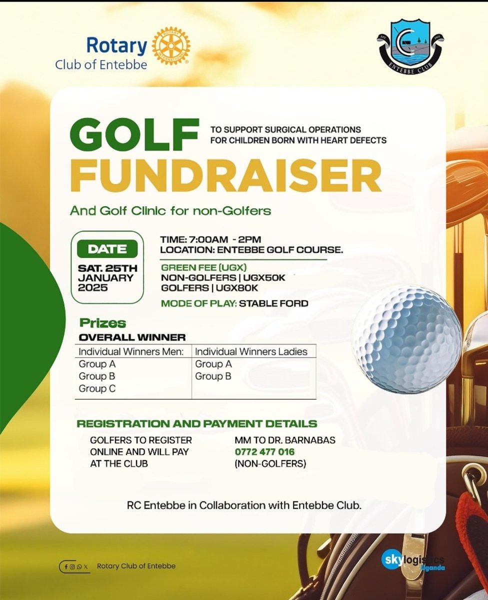 RCEntebbe's tweet photo. Only 3 days until our annual golf fundraiser to support children born with heart defects! Join us on the green for a day of fun and philanthropy. Together, we can make a difference #HeartDefectSupport #GolfFundraiser #Rotaryinaction #Peopleofaction #Rotary https://t.co/PDTNNY3pmh