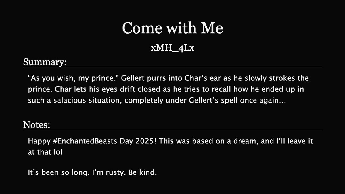 xmh_4lx's tweet photo. Holy shit I finished something β
#EnchantedBeasts | Come with Me (1.8K One shot)
Link π https://t.co/Acl0DgrelL https://t.co/sD9PIXe2eN