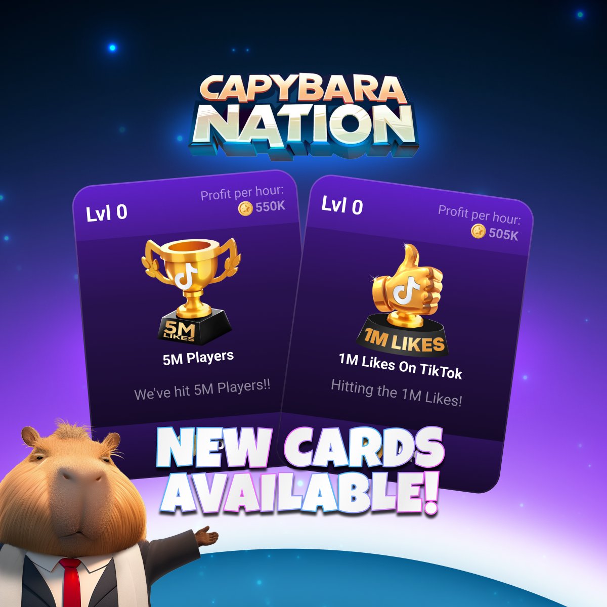 capy_nation's tweet photo. 🎉New Cards Unlocked 🎉
🎮 5M Players and 👍1M Likes on TikTok, celebrate our milestones with these cards and show off your Capy pride!

🎮Play now: https://t.co/EtmYh58ABc

$BARA #CapybaraNation https://t.co/R3YEWbYOCo