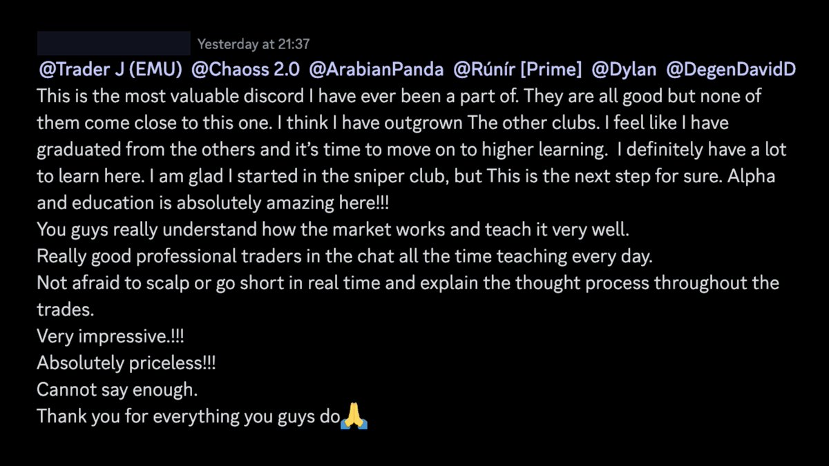 "This is the most valuable Discord I have ever been a part of."

Shoutout to the team of legends making it happen daily.

<a href="/traderjayEMU/">Jason (Trader J) Cooper</a> <a href="/thelordofentry/">TheLordofEntry</a> <a href="/simontwits/">- Chaoss 2.0 -</a> <a href="/DavidSendsIt/">David</a> <a href="/ChartPrime/">ChartPrime</a> <a href="/NemirovskyJames/">X Nimrod</a>