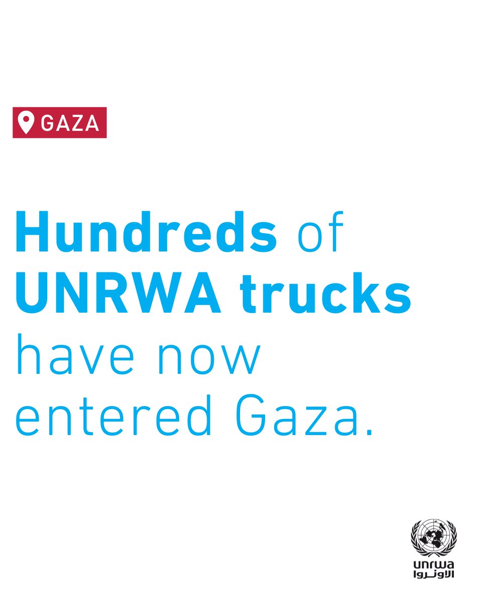 Hundreds of UNRWA trucks carrying essential supplies have entered #Gaza since the #ceasefire started. We are in the process of collecting and verifying the numbers.

Aid and commercial supplies are desperately needed. There is a shortage of everything: food, water, warm clothes.