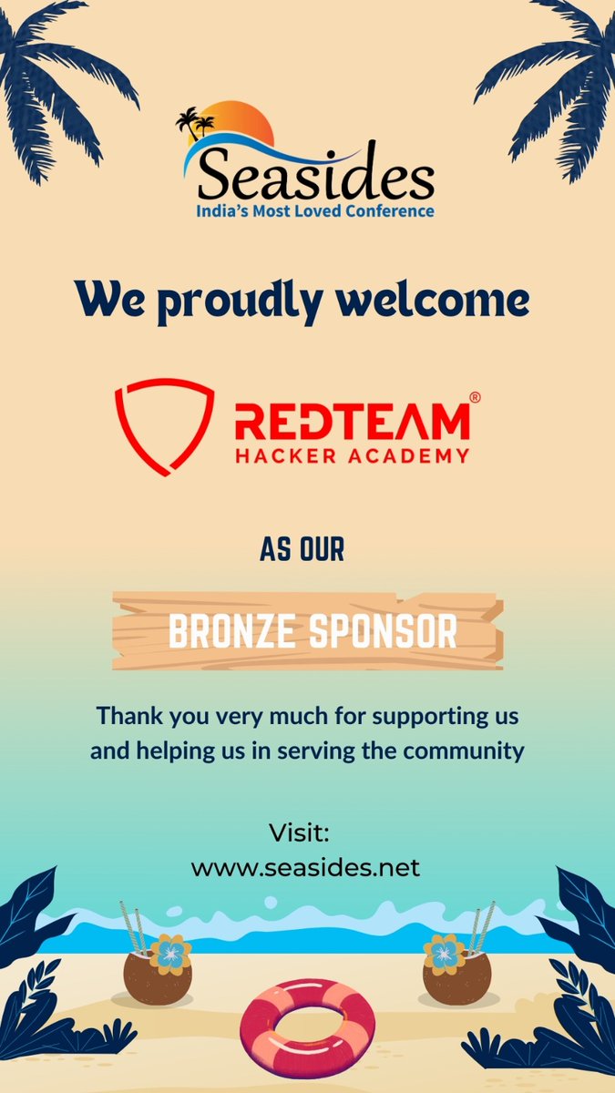 A big thank you to <a href="/redteamacademy/">RedTeam Hacker Academy</a>  <a href="/JaizalAli/">Jaizal Ali</a>  for your generous support as a Bronze Sponsor of the Seasides Information security conference . Your dedication to nurturing talent and advancing knowledge in the cybersecurity community is truly commendable.