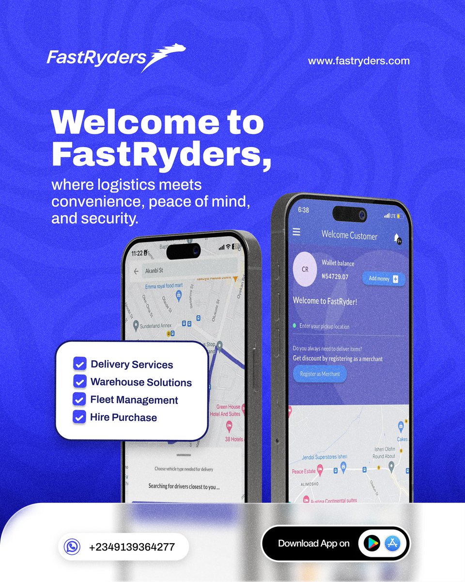 FastRydersNG's tweet photo. Welcome to FastRyders, your trusted partner for on-demand delivery services in Lagos, Nigeria.
.

#businessowners #fastrydersapp #smallbusinessowner #fastryders #sme #logisticscompany #lagosdispatch #businessownersinlagos #newyeardelivery #logistics2025 #businessinlagos #2025 https://t.co/gEnHuyf92X