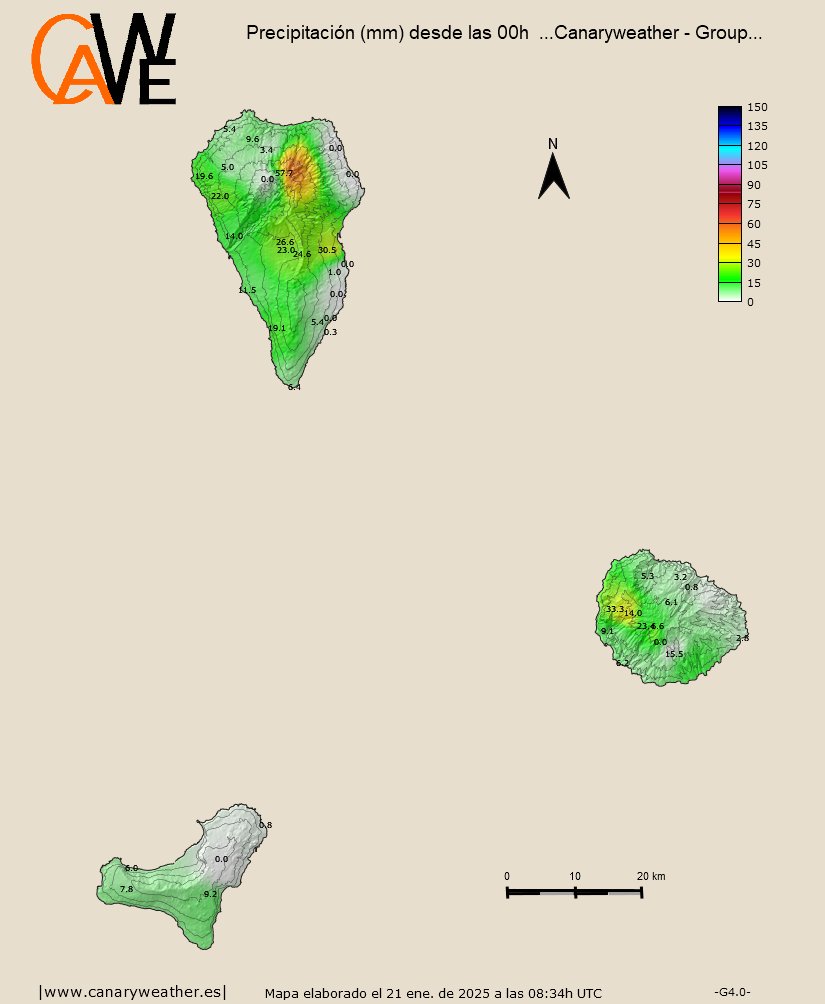 El frente frío de la #BorrascaGaroé  llegó esta mañana al Oeste de #Tenerife dejando aire muy húmedo y precipitaciones débiles. Los mayores acumulados de lluvia a estas horas corresponden a #LaPalma y #LaGomera