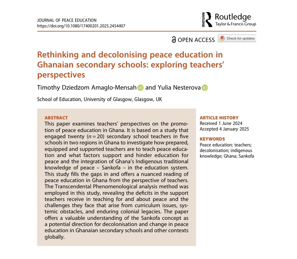 Timothy A-M (@dziedzommeg) on Twitter photo 📢New article: “Rethinking and decolonising peace education in Ghanaian secondary schools: exploring teachers’ perspectives”w/ <a href="/YuliaSNesterova/">Yulia Nesterova, Ph.D.🕊</a> in the Journal of Peace Education.
✅Open access: doi.org/10.1080/174002… 📢New article: “Rethinking and decolonising peace education in Ghanaian secondary schools: exploring teachers’ perspectives”w/ <a href="/YuliaSNesterova/">Yulia Nesterova, Ph.D.🕊</a> in the Journal of Peace Education.
✅Open access: doi.org/10.1080/174002…