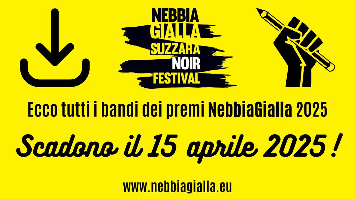 Ecco i bandi dei premi letterari Nebbiagialla 2025
Premio per romanzi EDITI
Premio per romanzi INEDITI
Premio per racconti INEDITI
In bocca al lupo a tutti i partecipanti!
Scarica i bandi qui : nebbiagialla.eu/2025/01/21/ban…

#premi #concorsi #concorsiletterari #premiletterari #giallo