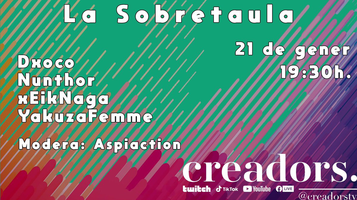 Creadors. (@creadorstv) on Twitter photo Avui tenim sobretaula amb <a href="/albgasvil/">DXOCO | JOC CREUAT</a> <a href="/nunthor/">Nunthor</a> <a href="/xeiknaga/">xEik</a> <a href="/YakuzaFemme/">YakuzaFemme</a> i <a href="/action_aspi/">AspiAction</a> ! Ens veiem a les 19:30 al canal de twitch! Avui tenim sobretaula amb <a href="/albgasvil/">DXOCO | JOC CREUAT</a> <a href="/nunthor/">Nunthor</a> <a href="/xeiknaga/">xEik</a> <a href="/YakuzaFemme/">YakuzaFemme</a> i <a href="/action_aspi/">AspiAction</a> ! Ens veiem a les 19:30 al canal de twitch!
