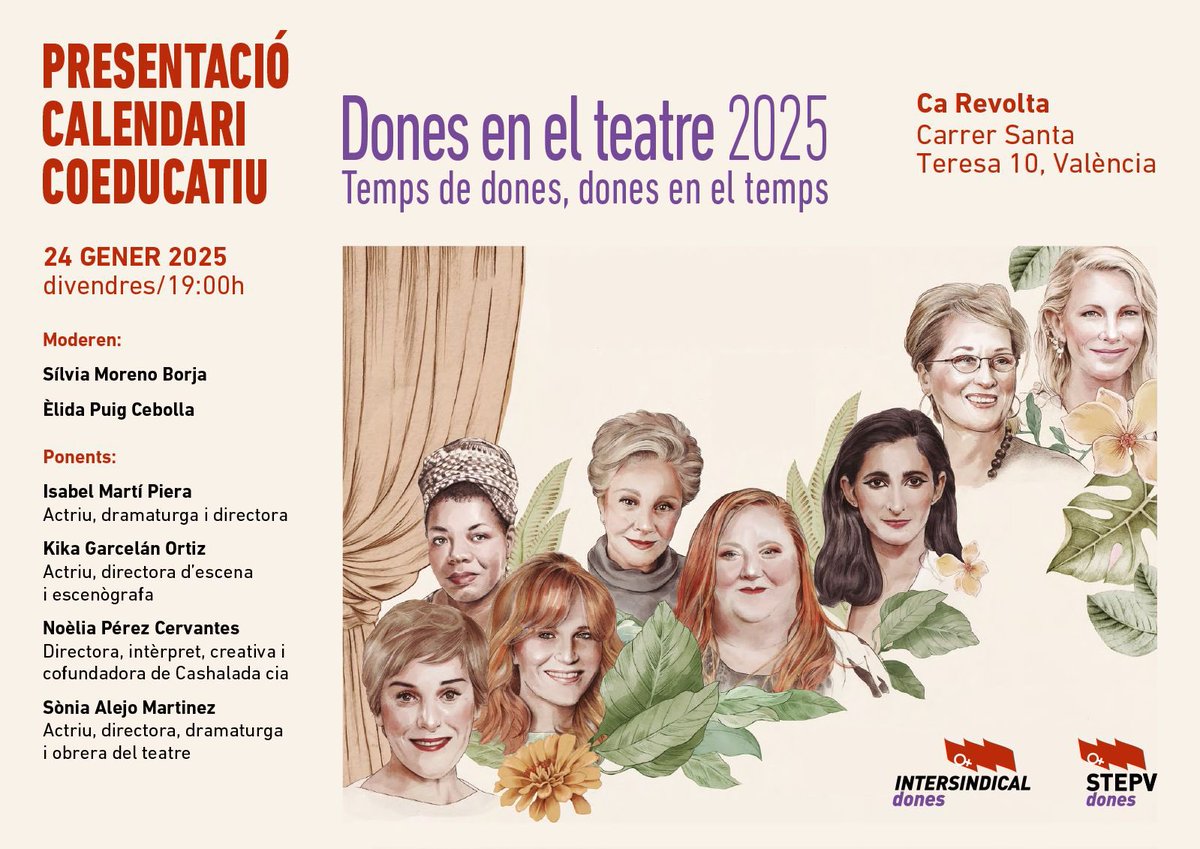 DonesIV's tweet photo. Des d'Intersindical Dones us convidem a la presentació del calendari de Dones 2025, enguany dedicat a les dones en el teatre.

📅 Data: 24 de gener de 2025
⏰ Hora: 19:00 hores
📍 Lloc: Ca Revolta (Carrer de Santa Teresa, 10, València) https://t.co/7pPMDcoVNm