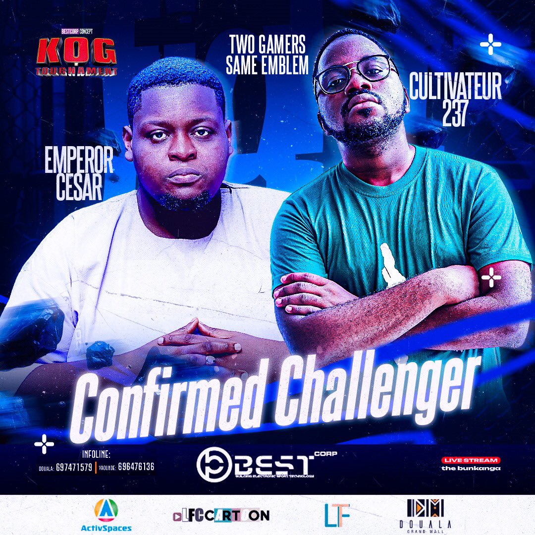 🚨KOG TOURNAMENT🚨

Chers Gamers 🎮

Ouverture Explosive 💥
Les Joueurs de BEST-CORP seront présents pour rehausser Le Niveau du Tournoi 🔥

🏢 <a href="/ActivSpaces/">ActivSpaces</a> 
📝 2000 XAF 
📅 26/01/25 🕑 14h
💰 50000 XAF
📹 urlz.fr/fttD

ÊTES-VOUS PRÊTS À LES BATTRE ✨

#EsportsInAfrica