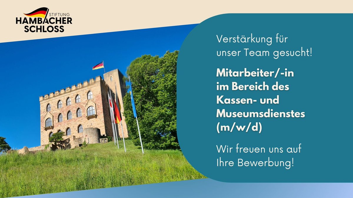 📣 Die Stiftung Hambacher Schloss sucht eine/n Mitarbeiter/in im Bereich des Kassen- und Museumsdienstes (m/w/d) in Vollzeit.

Hier geht's zum Stellenangebot: hambacher-schloss.de/stellenangebot…

Bewerbungsfrist: 16.2.2025