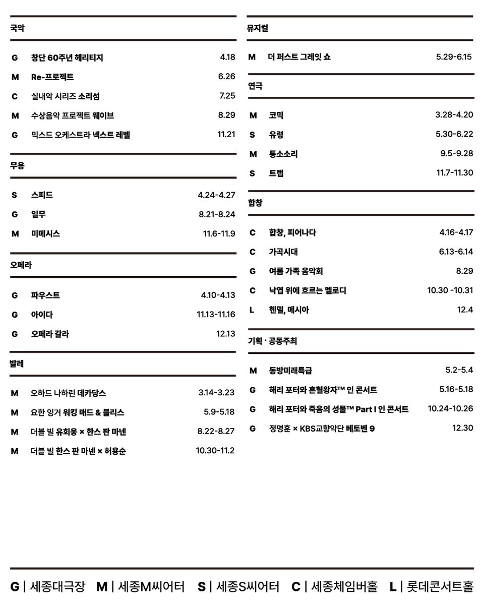 #2025세종시즌 💡공연 전체 라인업 공개💡
#국악 #무용 #오페라 #발레 #뮤지컬 #연극 #합창 #기획 #공동주최 30여 개의 환상적인 공연들로 가득 채운 새로운 시즌!

✔놓칠 수 없는 혜택 필수 쳌✔
• 구독·패키지 오픈 | 2025.1.23(목) 오전 10시